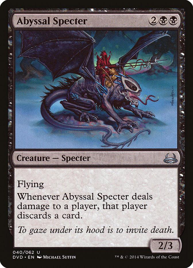 A Magic: The Gathering card titled "Abyssal Specter (Divine vs. Demonic) [Duel Decks Anthology]," from the Magic: The Gathering collection. The artwork portrays a dark, winged specter with a skeletal face flying over a desolate land. This Creature — Specter costs 2 black and 2 colorless mana to play, has flying, and forces opponents to discard when it deals damage, with a power/toughness stat line of 2/3.