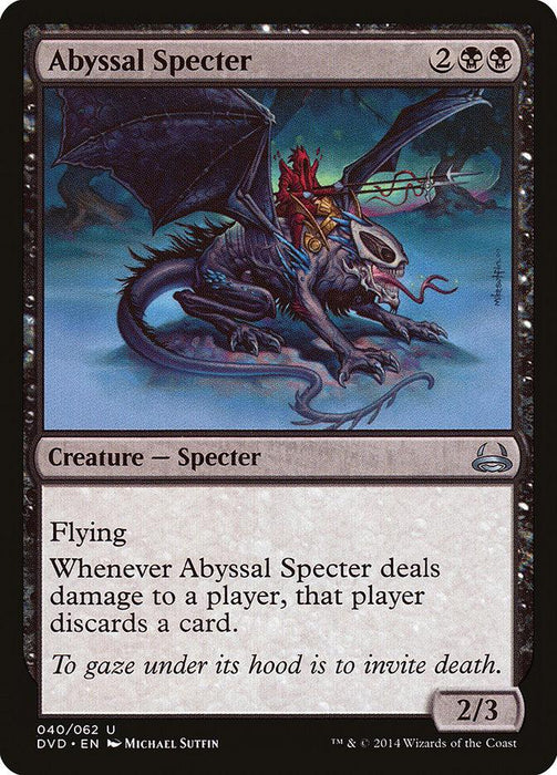 A Magic: The Gathering card titled "Abyssal Specter (Divine vs. Demonic) [Duel Decks Anthology]," from the Magic: The Gathering collection. The artwork portrays a dark, winged specter with a skeletal face flying over a desolate land. This Creature — Specter costs 2 black and 2 colorless mana to play, has flying, and forces opponents to discard when it deals damage, with a power/toughness stat line of 2/3.