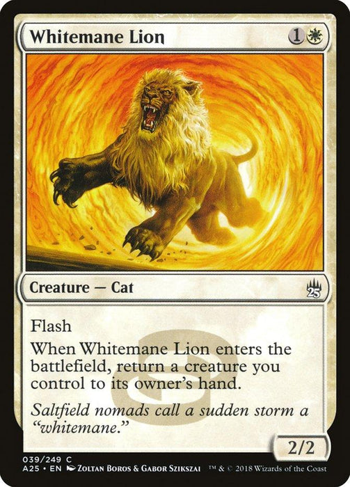 A Magic: The Gathering card titled "Whitemane Lion [Masters 25]" from the Magic: The Gathering set. It features an illustration of a roaring white Creature Cat leaping out of a swirling golden vortex. The card has the following text: “Flash. When Whitemane Lion enters the battlefield, return a creature you control to its owner's hand.” The card has a power and toughness of 2/2