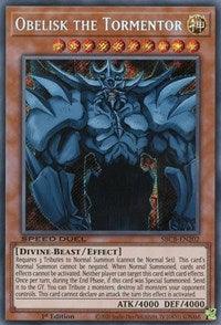 A Yu-Gi-Oh! trading card featuring Obelisk the Tormentor [SBCB-EN202] Secret Rare. This Secret Rare card displays a large, muscular blue beast with spikes and intricate armor. It has an ATK of 4000 and DEF of 4000. The Divine-Beast/Effect Monster includes detailed effect text below the image of the creature.