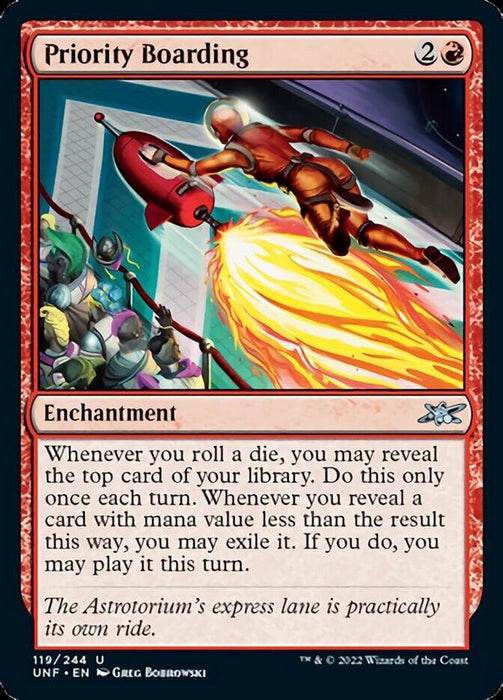 A fantasy card titled "Priority Boarding [Unfinity]" from Magic: The Gathering. It depicts a person boarding a flying, red vehicle in a futuristic setting. With a red border, the card features enchantment specifics and abilities about Exile in the text box. The artwork showcases vibrant action and dynamic motion.