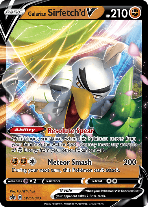 A Pokémon trading card featuring *Galarian Sirfetch'd V (SWSH043) [Sword & Shield: Black Star Promos]* with 210 HP. The card, part of the Black Star Promos series from Sword & Shield, has a black and gold border and an illustration of Sirfetch’d holding a large leek and shield. It details its ability "Resolute Spear" and move "Meteor Smash," along with various stats and game information.