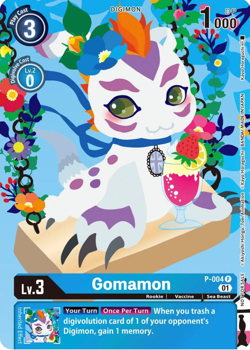 A Digimon promo card featuring Gomamon, a sea beast-type creature with white fur, purple spots, orange hair tuft, and green eyes. The playful, aquatic Digimon holds a colorful tropical drink topped with fruit. The card displays its attributes: Rookie level, Vaccine type, and 1,000 DP. The card number is Gomamon [P-004] (Tamer's Card Set 2 Floral Fun) [Promotional Cards]. The play cost is 2;