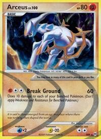 A Holo Rare Pokémon Trading Card featuring Arceus (AR8) [Platinum: Arceus] from the Platinum: Arceus series. The card is a Basic type, with a level of LV.X100, and 80 HP. Depicted standing on rocky terrain, Arceus demonstrates its 