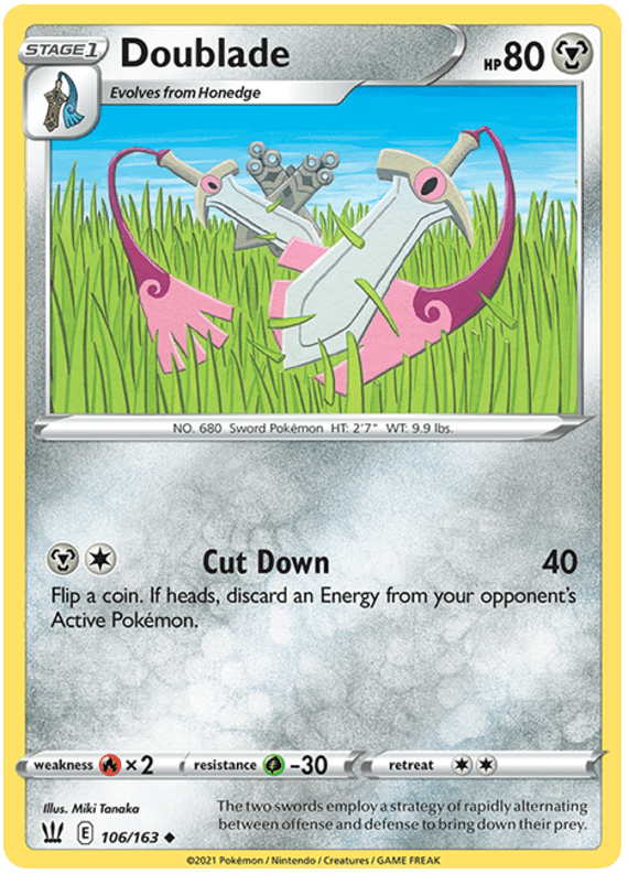 A Pokémon card from the Sword & Shield series depicting Doublade. Doublade's design features two floating swords with pink hilts and blue eyes. Text on the card includes HP 80, attack move 