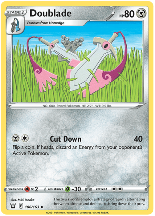 A Pokémon card from the Sword & Shield series depicting Doublade. Doublade's design features two floating swords with pink hilts and blue eyes. Text on the card includes HP 80, attack move "Cut Down" dealing 40 damage, and resistance, retreat, and weakness information. Illustrated by Miki Tanaka.

Product Name: **Doublade (106/163) [Sword & Shield: Battle Styles]**
Brand Name: **Pokémon**