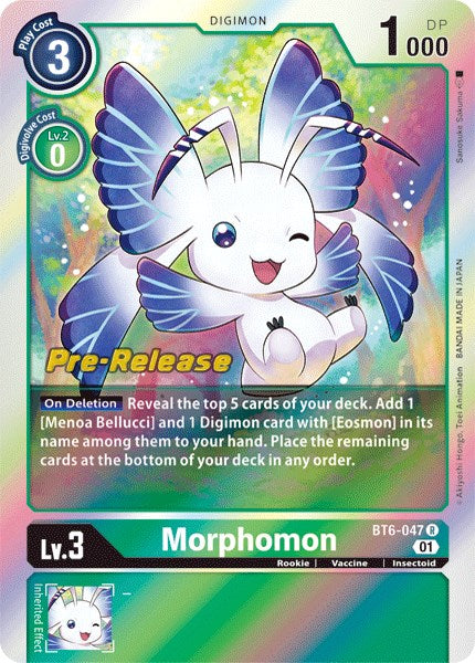 This Digimon card, part of the Double Diamond Pre-Release set, features Morphomon with its vibrant blue and purple wings, white body, and delicate antennae. Identified as 