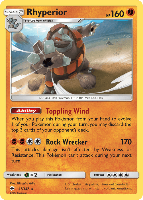 Image of a Holo Rare Pokémon Trading Card from Sun & Moon: Burning Shadows featuring Rhyperior (67/147) [Sun & Moon: Burning Shadows], a Stage 2 Rock/Ground-type Pokémon with 160 HP. The red and yellow card showcases its two attacks, "Toppling Wind" and "Rock Wrecker," along with energy costs, resistance, weakness, and retreat cost. Card number is 67/147.