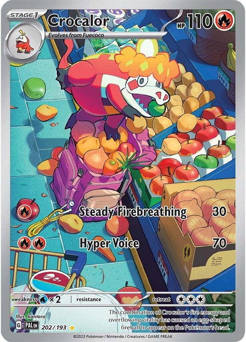 A Pokémon card featuring Crocalor (202/193) [Scarlet & Violet: Paldea Evolved] from Pokémon, illustrated by Konteru. This Illustration Rare showcases the red, dinosaur-like creature in a sombrero with an orange bird on top, surrounded by fruits. The card includes "Steady Firebreathing" (30) and "Hyper Voice" (70), with 110 HP and card number 202/193.