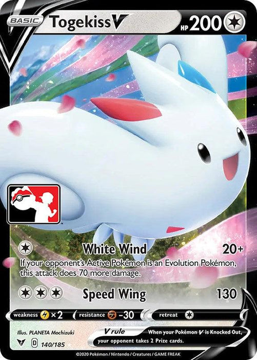A Pokémon card featuring Togekiss V (140/185) [Prize Pack Series One] with 200 HP. Togekiss is depicted soaring with blue, red, and white accents. The card details its attacks: "White Wind" which does 20+ damage and an additional 70 damage against Evolution Pokémon, and "Speed Wing" causing 130 damage. It has a x2 weakness to Electric and -30 resistance to Fighting.
