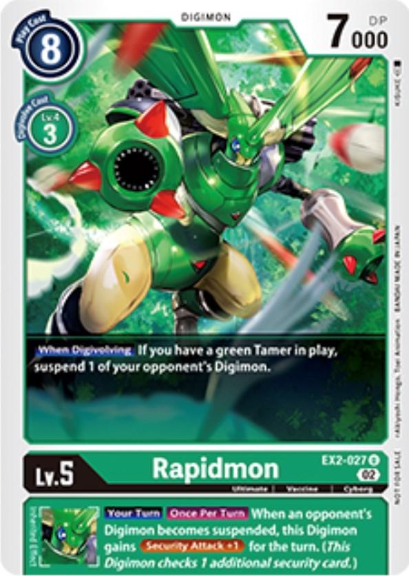 The Rapidmon [EX2-027] (Tamer Party Vol. 6 Promo) Digimon trading card from the Digital Hazard Promos series showcases Rapidmon in dynamic action, adorned in green and gold armor. This Level 5 card boasts 7000 DP and an evolution cost of 8, and it features a 