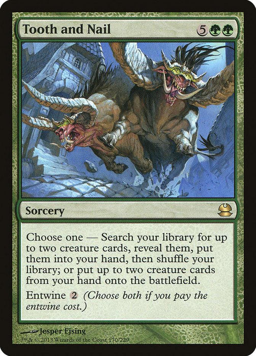 The Magic: The Gathering card "Tooth and Nail [Modern Masters]" features striking art of two ferocious, mythical creatures adorned with sharp teeth and claws. This rare green sorcery, costing 5GG in mana, provides two choices for summoning creature cards and includes an entwine option to perform both actions.