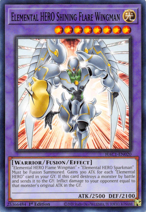 A "Yu-Gi-Oh!" trading card featuring "Elemental HERO Shining Flare Wingman (Duel Terminal) [HAC1-EN020] Parallel Rare". The purple border signifies it’s a Fusion Monster. The artwork displays a humanoid with wing armor and glowing elements. With ATK/2500 and DEF/2100, the text outlines its summoning and abilities.