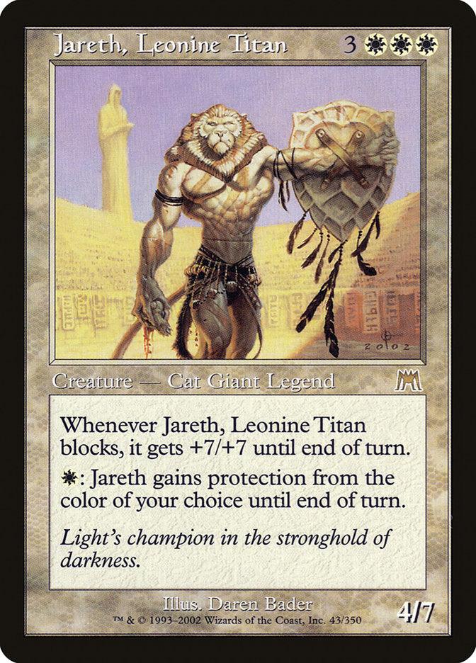 The card "Jareth, Leonine Titan" from Magic: The Gathering, illustrated by Daren Bader, features a lion-headed, muscular humanoid holding a weapon. This Legendary Creature is categorized under the "Cat Giant Legend" type. It gains +7/+7 when blocking and has protection from a chosen color. The casting cost is three colorless mana and three white mana.