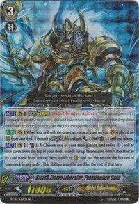 A trading card featuring "Bluish Flame Liberator, Prominence Core (BT16/S05EN) [Legion of Dragons and Blades ver.E]." The image shows an armored warrior wielding a glowing blue sword, with a silver holographic border. Detailed stats include power levels, skills, and attributes below the image. This member of the Gold Paladin belongs to the Legion of Dragons and Blades by Bushiroad.