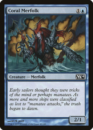 The "Coral Merfolk" card from Magic: The Gathering's 2014 set showcases an aquatic creature with red hair, pointed ears, and a scaly tail holding a trident against stormy seas; the text notes sailors confuse merfolk for manatees. Its stats are 2/1.