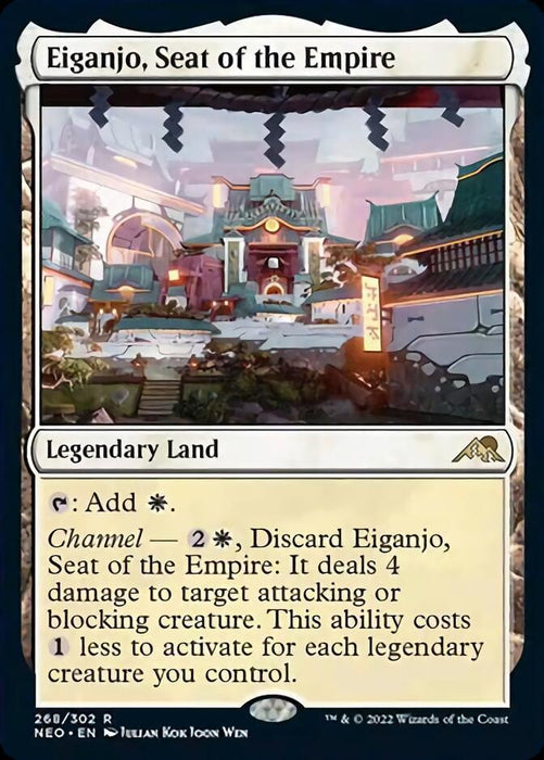 The image depicts the Eiganjo, Seat of the Empire [Kamigawa: Neon Dynasty] Magic: The Gathering card. It’s a rare legendary land card with a white mana ability. The artwork showcases an ornate, traditional Japanese-style castle. Its special ability deals 4 damage to an attacking or blocking creature for mana and discarding this card.