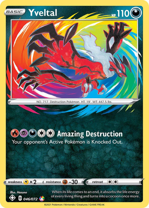 A trading card featuring Yveltal (046/072) [Sword & Shield: Shining Fates], a dark bird-like Pokémon from the Pokémon series. The card background has a red, orange, yellow, and green swirling pattern. Yveltal has 110 HP and its attack, "Amazing Destruction," delivers Darkness with ultra-rare precision to knock out the opponent's active Pokémon.