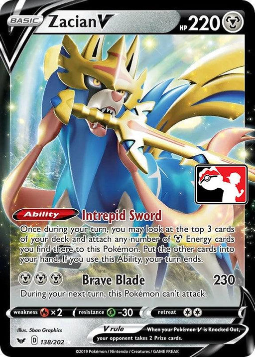 The image showcases an Ultra Rare Pokémon trading card for Zacian V (138/202) [Prize Pack Series One], a Basic Pokémon with HP 220 by Pokémon. The card features artwork of the wolf-like Metal Pokémon holding a large sword in its mouth. It has the ability "Intrepid Sword" and the move "Brave Blade" with a damage of 230. Weakness to fire and resistance to grass are indicated at the bottom.