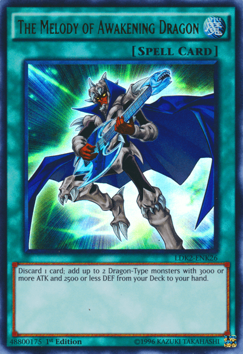 A Yu-Gi-Oh! Spell Card titled "The Melody of Awakening Dragon [LDK2-ENK26] Ultra Rare." This Ultra Rare card features an anthropomorphic dragon playing a blue electric guitar, emitting energy beams from its strings. The background is filled with vibrant light rays. The card effect description and specific numbers are visible, ideal for Legendary Decks II focused on Dragon-Type monsters.