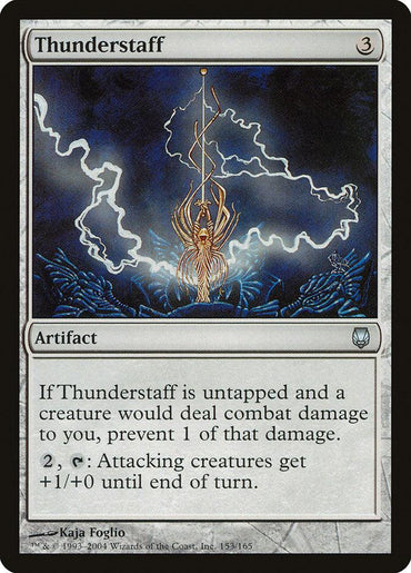 The image shows "Thunderstaff [Darksteel]," a Magic: The Gathering card. It features an Artifact emitting lightning, floating in a dark, stormy sky. The card requires 3 colorless mana to play and has the following text: "If Thunderstaff is untapped and a creature would deal combat damage to you, prevent 1 of that damage. 2, Tap: Attacking creatures get +1/+0.