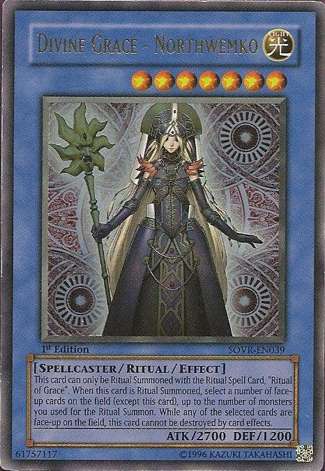 The "Yu-Gi-Oh!" trading card, "Divine Grace - Northwemko [SOVR-EN039] Ultra Rare," showcases a mystical, armored female figure with long white hair holding a staff. The 1st Edition Ritual Spell Card features an intricate, magical design and boasts attributes: ATK 2700 DEF 1200.