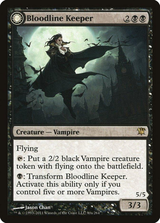 A Magic: The Gathering card titled "Bloodline Keeper // Lord of Lineage [Innistrad]" showcases dark, gothic artwork of a vampire with long hair, a cape, and outstretched arms flying over a sinister castle at night. This black card costs 2 black mana and 2 colorless and provides abilities to create Vampire creature tokens and transform.