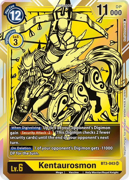 The Kentaurosmon [BT3-043] (Alternate Art) card from the Release Special Booster Ver.1.0 set is a Super Rare Digimon card. It features a robotic centaur clad in gold and white armor, wielding a spear. This Level 6 card has a Digivolve cost of 3, play cost of 12, and 11,000 DP. Its special abilities include reducing the opponent's security checks and lowering their defenses.