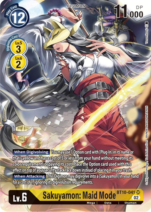 A Digimon Sakuyamon: Maid Mode [BT10-041] (Alternate Art) [Xros Encounter] trading card featuring Sakuyamon: Maid Mode. The card displays various stats and abilities, showcasing a warrior-like figure in white and gold armor holding a fan. With yellow hair and red ribbons, this formidable Digivolve is set against a dynamic background.