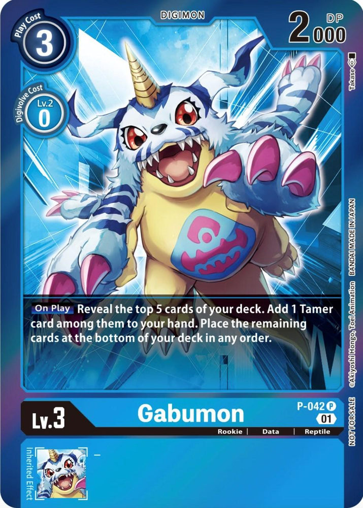 A promotional Digimon card from the Event Pack 4, known as Gabumon [P-042], features a play cost of 3 and a Digivolve cost of 0 from a level 2 Digimon, boasting DP of 2000. Its effect lets you reveal the top 5 cards of your deck to add one Tamer card to your hand, sending the rest to the bottom of your deck.