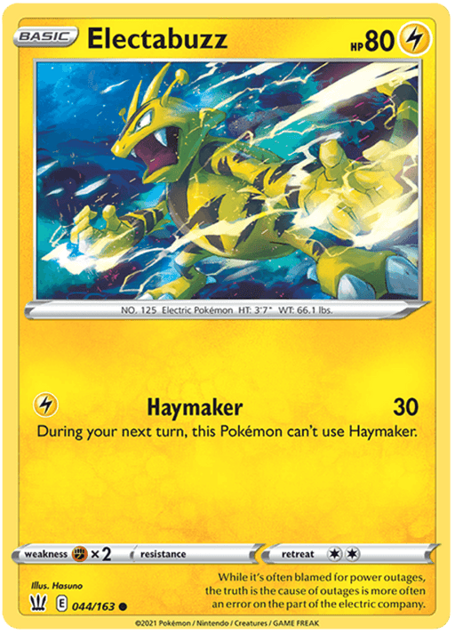 A Pokémon card featuring Electabuzz (044/163) [Sword & Shield: Battle Styles] from the Pokémon brand. The card has a yellow border and shows Electabuzz, an electric-type Pokémon, in an action pose surrounded by electric sparks. With 80 HP, it can use "Haymaker" to deal 30 damage but can't repeat the attack next turn, hinting at its tendency to cause power outages.
