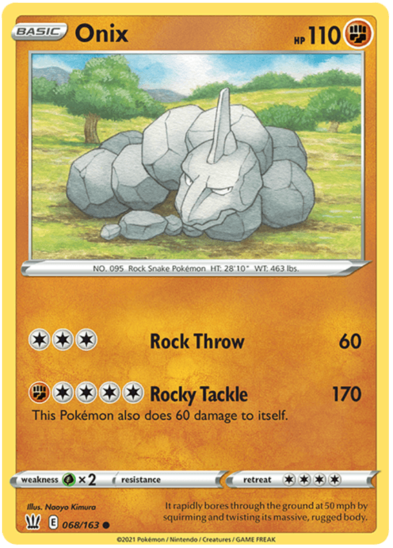 A Pokémon Onix (068/163) [Sword & Shield: Battle Styles] trading card from the Pokémon brand. Onix has 110 health points and its moves are Rock Throw, dealing 60 damage, and Rocky Tackle, dealing 170 damage while also causing 60 damage to itself. The card is number 068/163. Weakness is Water type; resistance none; retreat cost four.