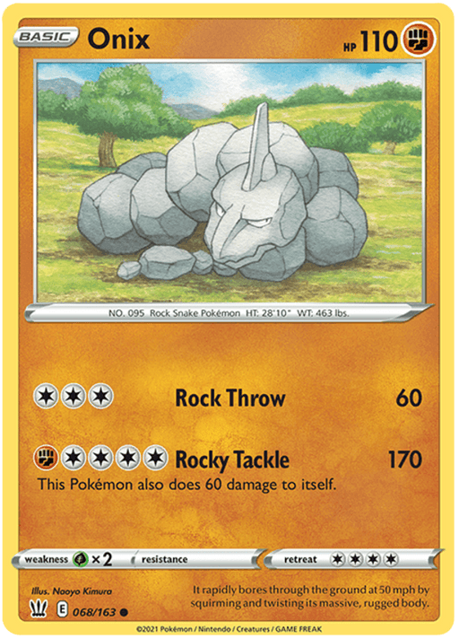 A Pokémon Onix (068/163) [Sword & Shield: Battle Styles] trading card from the Pokémon brand. Onix has 110 health points and its moves are Rock Throw, dealing 60 damage, and Rocky Tackle, dealing 170 damage while also causing 60 damage to itself. The card is number 068/163. Weakness is Water type; resistance none; retreat cost four.