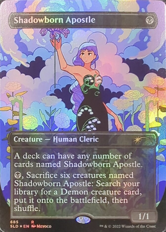 The "Shadowborn Apostle" card from the Magic: The Gathering Secret Lair Drop Promos collection features a female human cleric with striking purple hair dressed in dark attire, positioned against a vibrant, cloud-filled backdrop. Highlighted by its ability to allow unlimited deck copies, this card offers a distinctive sacrificial capability to summon Demon creatures.