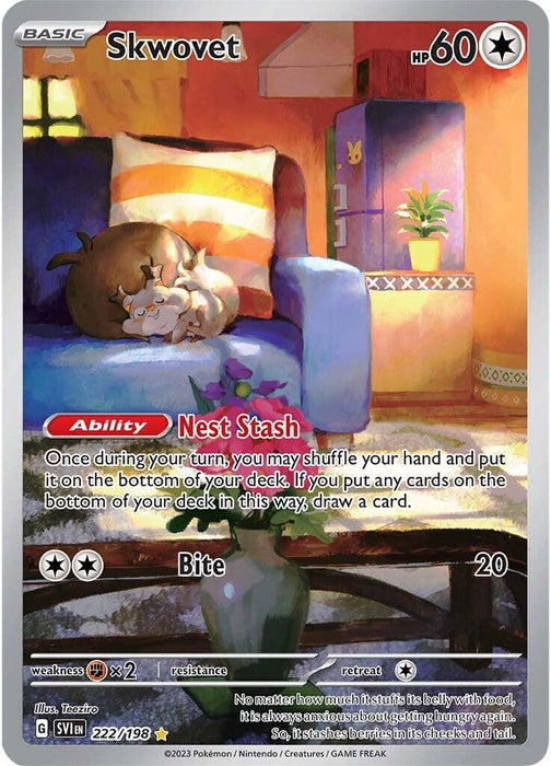 A Secret Rare Pokémon card from the Scarlet & Violet: Base Set featuring Skwovet (222/198) [Scarlet & Violet: Base Set] by Pokémon. Skwovet is shown sleeping on a purple sofa in a cozy, well-lit room. The Colorless card has an HP of 60 with the "Nest Stash" ability and "Bite" attack that deals 20 damage. Various household objects are visible in the room.