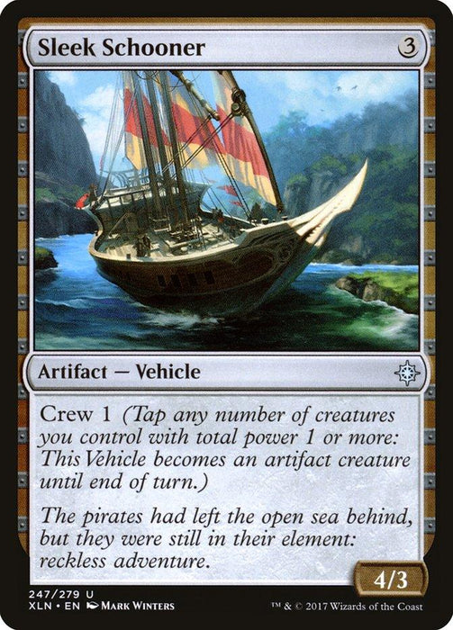 The image depicts a Magic: The Gathering card named "Sleek Schooner [Ixalan]," an Artifact Vehicle with a mana cost of 3 from the Ixalan series. With a crew ability of 1, it transforms into a 4/3 creature. Illustrated by Mark Winters, the artwork showcases a ship sailing near rocky cliffs under a bright sky.