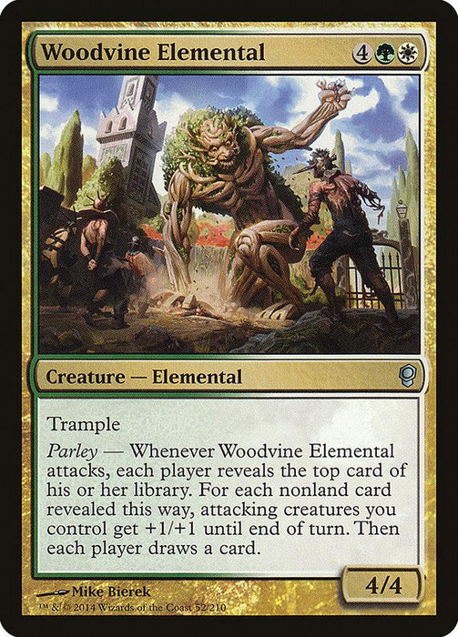 Image of Magic: The Gathering card "Woodvine Elemental [Conspiracy]." The card features a towering vine-covered creature with Trample attacking a group of people in front of a crumbling stone structure. The card's details include its casting cost, abilities, power/toughness, artist, and expansion information.