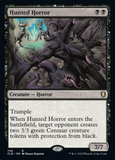 A Magic: The Gathering card titled "Hunted Horror [Commander Legends: Battle for Baldur's Gate]" from the Commander Legends: Battle for Baldur's Gate series. The card has a black border and showcases a menacing, multi-limbed Creature — Horror with a gaping mouth. Abilities include Trample; upon entering the battlefield, target opponent creates two 3/3 green Centaur tokens with protection from black. Power/toughness: 7/7