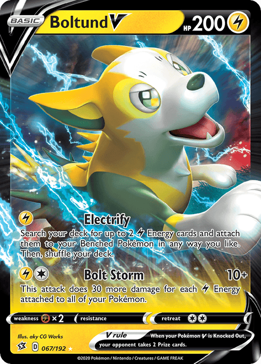 A Pokémon trading card featuring Boltund V (067/192) [Sword & Shield: Rebel Clash] from the Pokémon series. Boltund is a yellow and white canine Pokémon with spiky fur and a lightning bolt-shaped tail. This Ultra Rare card has 200 HP, an Electrify ability, and Bolt Storm move, with vibrant lightning effects and game-related details.