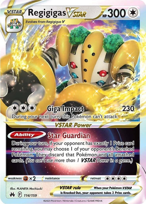 The image is an Ultra Rare Pokémon trading card from the Sword & Shield: Crown Zenith series, featuring Regigigas VSTAR (114/159) [Sword & Shield: Crown Zenith]. It has a yellow and silver robotic appearance with green and gray stone-like parts. With 300 HP, it boasts the attack "Giga Impact" with a power of 230 and includes the VSTAR Power ability "Star Guardian.