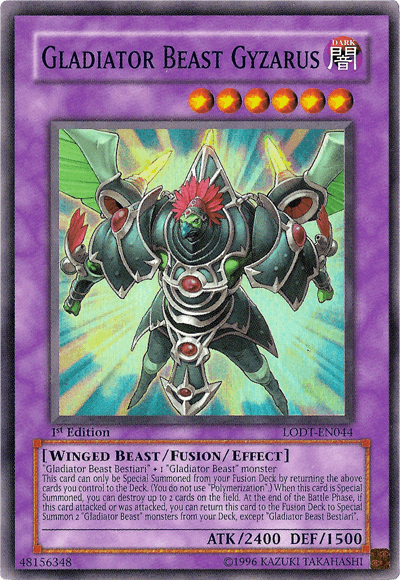 A "Yu-Gi-Oh!" trading card titled "Gladiator Beast Gyzarus [LODT-EN044] Super Rare." This Super Rare card boasts an armored, winged beast with sharp claws and a fierce expression. With "2400 ATK" and "1500 DEF," it's a 1st Edition (code: LODT-EN014) in the Gladiator Beast/Fusion/Effect Monster category.