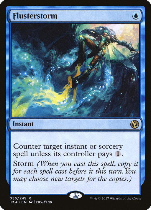 A Magic: The Gathering card named "Flusterstorm [Iconic Masters]" from the Iconic Masters set. It shows a character battling a stormy sea with flashes of blue and yellow energy. This rare blue instant costs one blue mana and counters an instant or sorcery unless its controller pays 1 mana. Storm ability included.