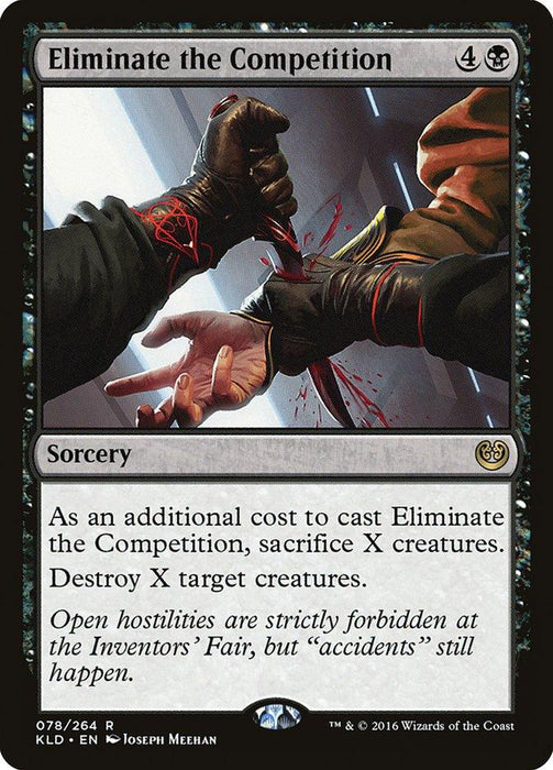 A rare Magic: The Gathering card titled "Eliminate the Competition [Kaladesh]". The artwork by Joseph Meehan depicts a dramatic scene of one humanoid figure stabbing another with a knife, causing a splash of blood. This sorcery card has a casting cost of 4 colorless and 1 black mana.