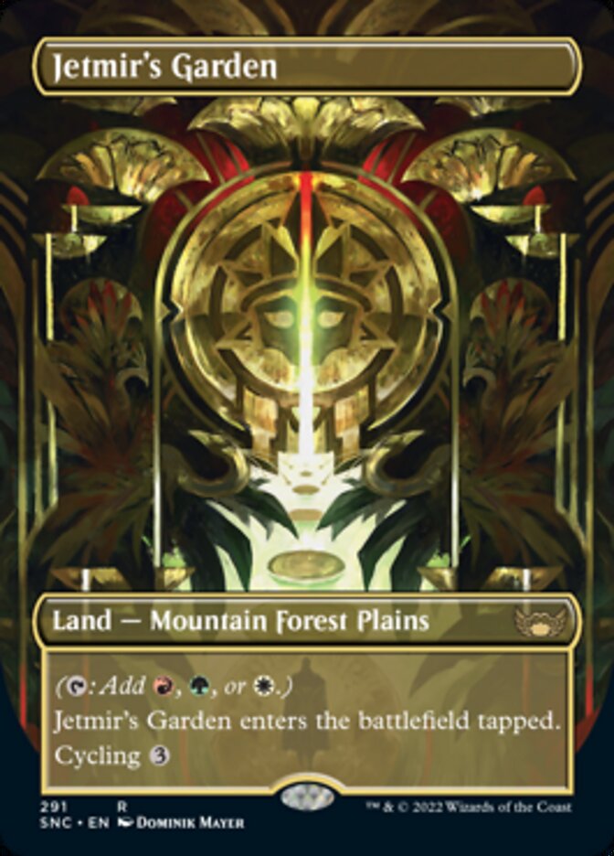 The image shows a Magic: The Gathering card titled "Jetmir's Garden (Borderless Alternate Art) [Streets of New Capenna]" from the Streets of New Capenna set. This Rare Land card has the subtype Mountain Forest Plains. The art features an ornate, symmetrical design with vibrant golden, red, and green accents. The text explains the card enters tapped and can be cycled for three mana.