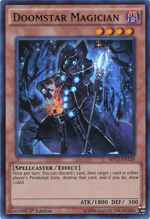 The Yu-Gi-Oh! Doomstar Magician [MP15-EN120] Ultra Rare card features a spellcaster adorned in dark robes with glowing blue eyes, clutching an orb of blue fire and silver chains. This Effect Monster's card text describes its unique ability to discard and destroy cards, with stats of 1800 ATK and 300 DEF.