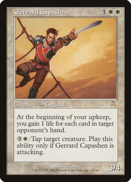 A "Magic: The Gathering" card titled "Gerrard Capashen [Apocalypse]." This Legendary Creature features an illustration of a Human Soldier in red and silver armor wielding a sword. The card's text describes abilities: gaining life per opponent's hand and tapping a creature, with conditions for attacking. 3/4 power and toughness.