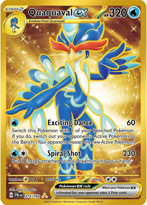 A Hyper Rare Pokémon trading card featuring Quaquaval ex (273/193) [Scarlet & Violet: Paldea Evolved]. The Water type card spotlights a large, blue-feathered, bird-like Pokémon with striking orange accents. With 320 HP and moves "Exciting Dance" and "Spiral Shot," it boasts a gold background with swirling patterns. Text and logos are clearly visible.