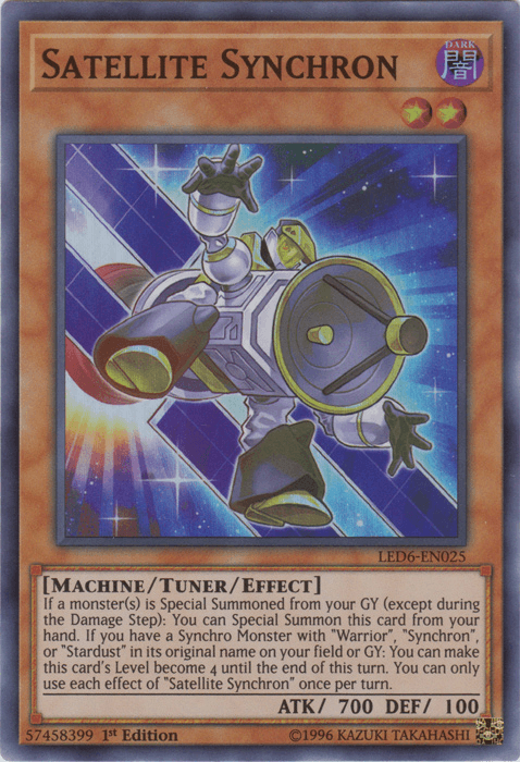 A Yu-Gi-Oh! card titled "Satellite Synchron [LED6-EN025] Super Rare." It has a purple background and depicts a robotic character with a satellite dish for a head and mechanical limbs. This Super Rare Tuner/Effect Monster boasts attributes including "DARK" type, 700 ATK, 100 DEF, and detailed effects listed in the description area.