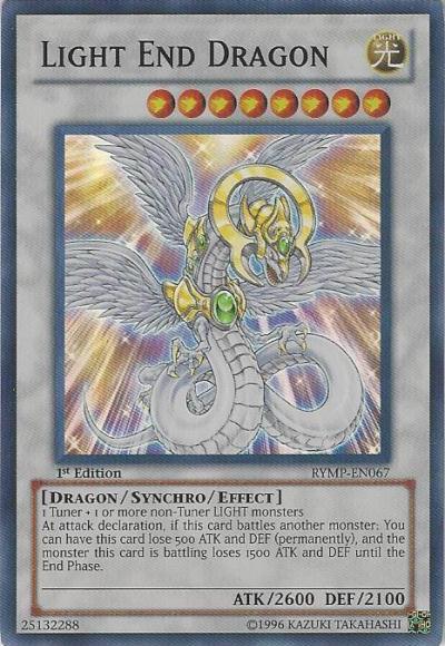 A Yu-Gi-Oh! card titled "Light End Dragon [RYMP-EN067] Super Rare," featuring a luminous dragon with six wings, a long tail, and a radiant circular emblem around its neck. This 1st edition Super Rare Synchro/Effect Monster from the Ra Yellow Mega Pack boasts Level 8, Light attribute, ATK 2600, DEF 2100. It requires 1 Tuner and