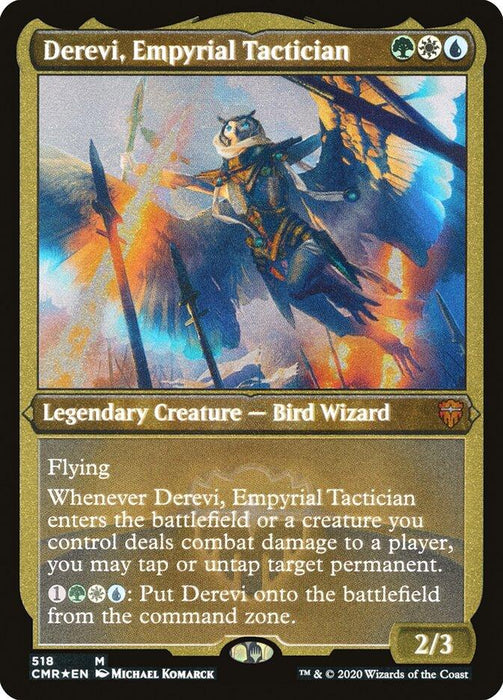 A Magic: The Gathering card from Commander Legends featuring Derevi, Empyrial Tactician (Etched). This Legendary Creature displays a fantastical Bird Wizard in armor, surrounded by vibrant, chaotic energy. Text reads: Flying, tap or untap target permanent on damage, and return to battlefield ability for four mana. Power/toughness: 2/3.